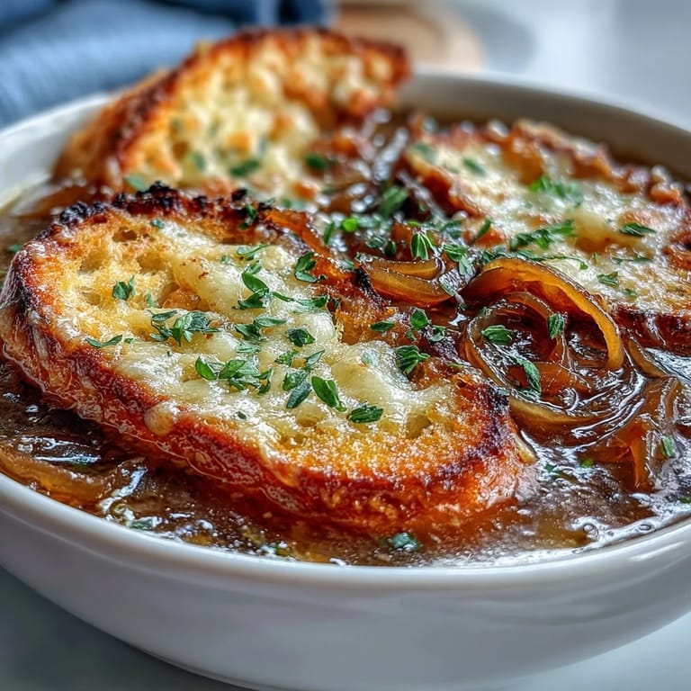 Close-up of Classic French Onion Soup showing caramelized onions, toasted baguette, and bubbly melted cheese.