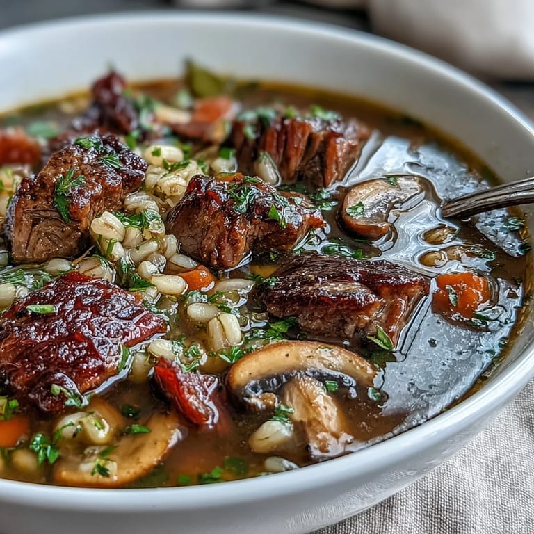 Steaming Dutch oven filled with hearty Beef and Barley Soup with Mushrooms, featuring tender beef chunks and earthy baby bellas.