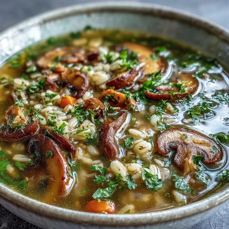 Rustic Mushroom Barley Soup in a white bowl, showcasing rich brown broth and plump pearl barley.