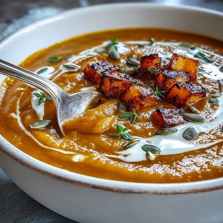 A bowl of creamy roasted butternut squash soup, topped with toasted pumpkin seeds for crunch.