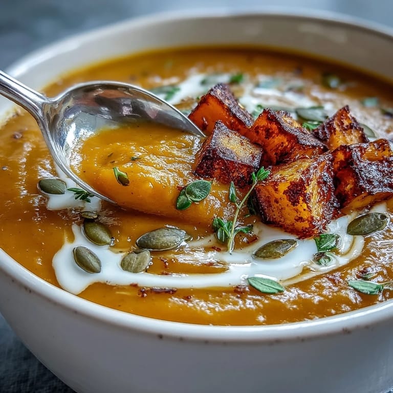Roasted butternut squash soup served with warm crusty bread, ideal for cozy autumn dinners.