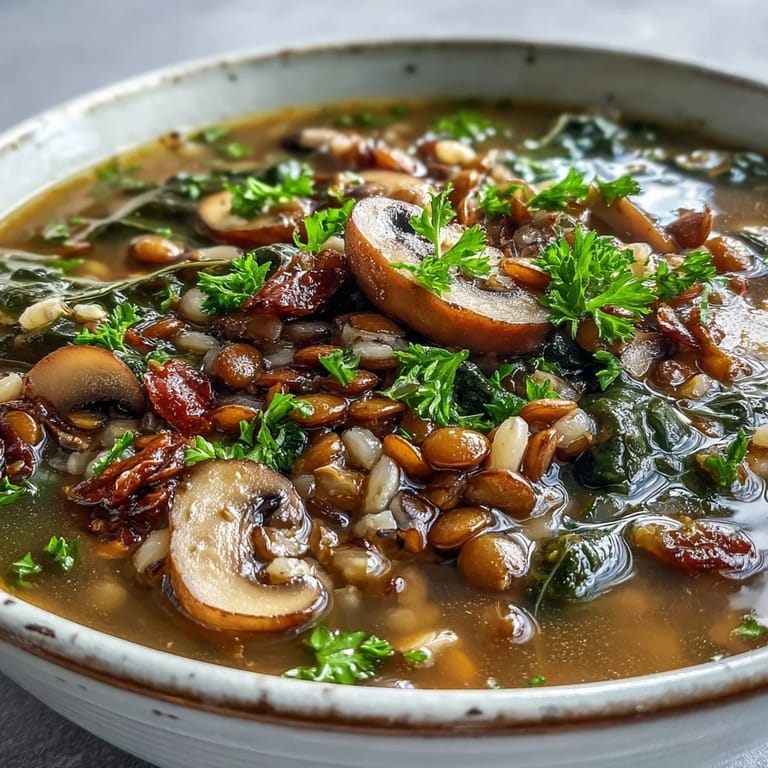 Colorful diced carrots, celery, and chopped collard greens peek through the thick soup, garnished with fresh parsley for a bright finish. 