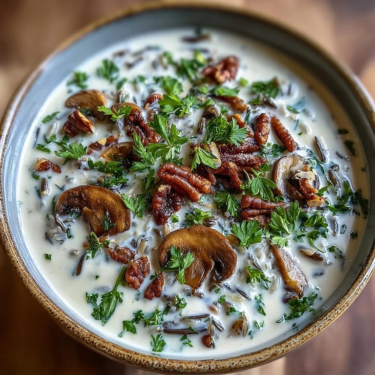 Close-up of a ladle serving hearty Wild Rice Mushroom Soup, showcasing tender wild mushrooms and nutty rice grains.
