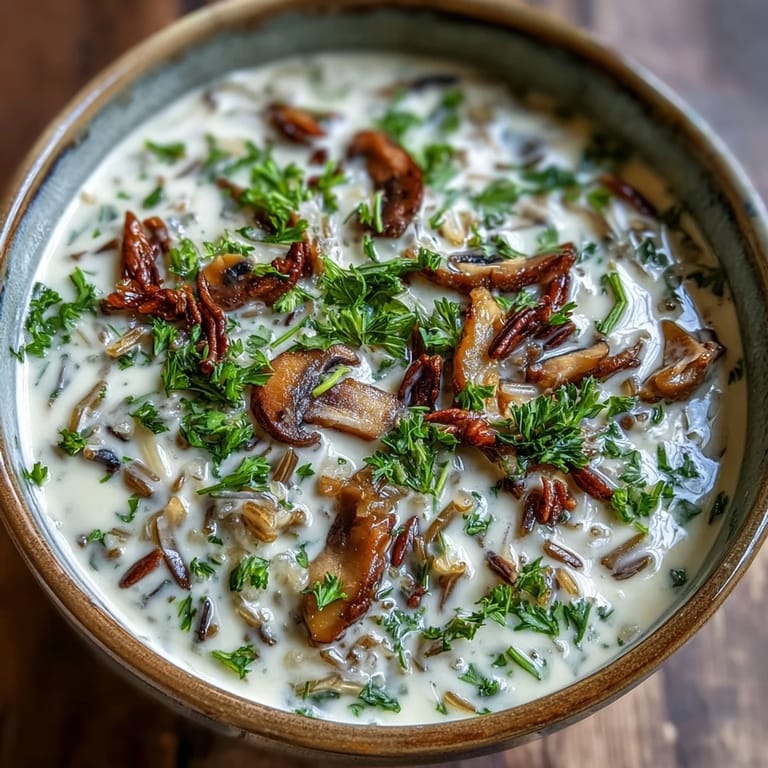 A comforting bowl of Wild Rice Mushroom Soup beside crusty bread and a sprig of rosemary on a wooden table.