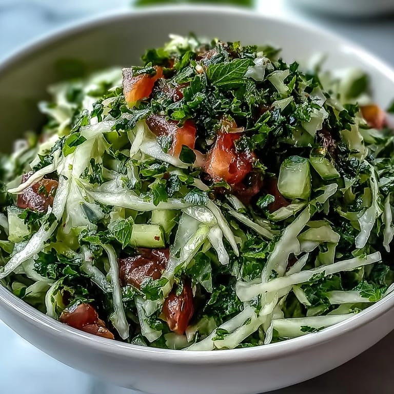 Close-up of crisp Lebanese Cabbage Salad with diced veggies and herbs, showcasing a light vegan side dish perfect for meal prep.