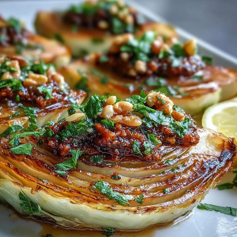 Charred cabbage wedges for Baked Cabbage Salad With Winter Romesco topped with bold, nutty red sauce and parsley.