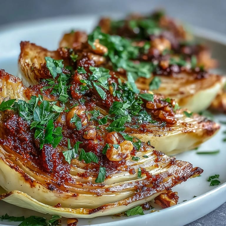 Hearty vegetarian Baked Cabbage Salad With Winter Romesco plated with extra walnuts and drizzle for cozy dinner.