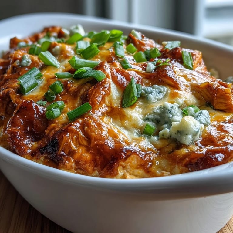 A hot, cheesy Buffalo Chicken Dip dip fresh from the oven, garnished with green onions, perfect for game day snacking with friends.