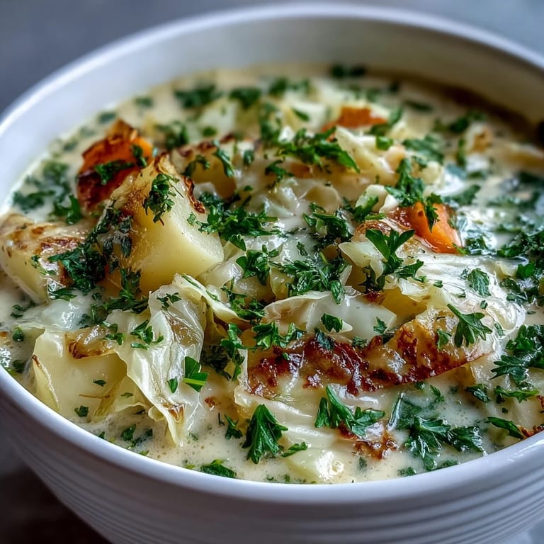 Rich and velvety Creamy Potato Soup with Cabbage in a rustic bowl, ready to be enjoyed on a cozy evening.