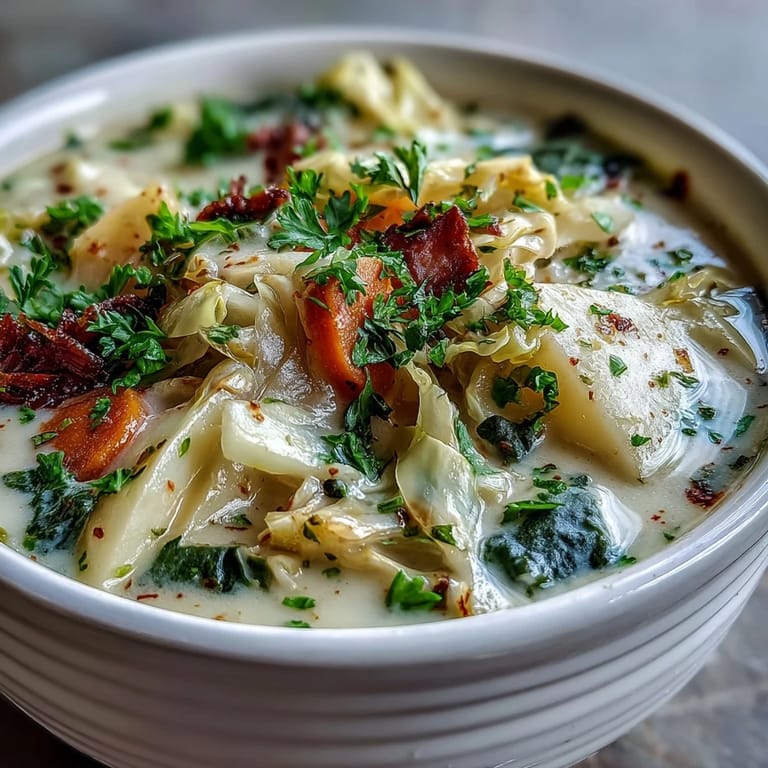 Creamy Potato Soup with Cabbage featuring tender potatoes and sliced carrots, steaming in a ceramic bowl for a comforting meal.