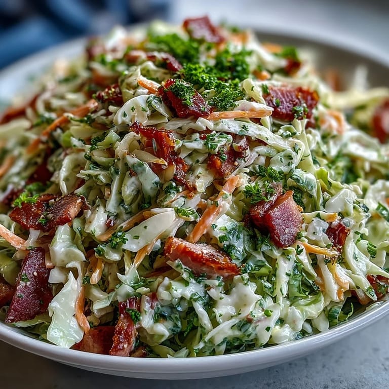 Vibrant purple and green shredded cabbage mixed with savory ham for a classic German Cabbage Coleslaw With Shredded Ham, topped with fresh parsley. 