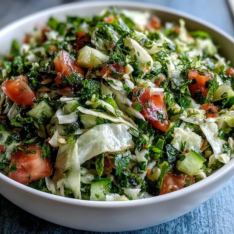 A vibrant bowl of Lebanese Cabbage Salad garnished with parsley and mint, ready to serve alongside grilled meats or falafel. 