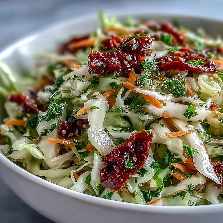 Bright Cabbage Salad With Sundried Tomatoes topped with chopped herbs and julienned carrots, ready to serve.