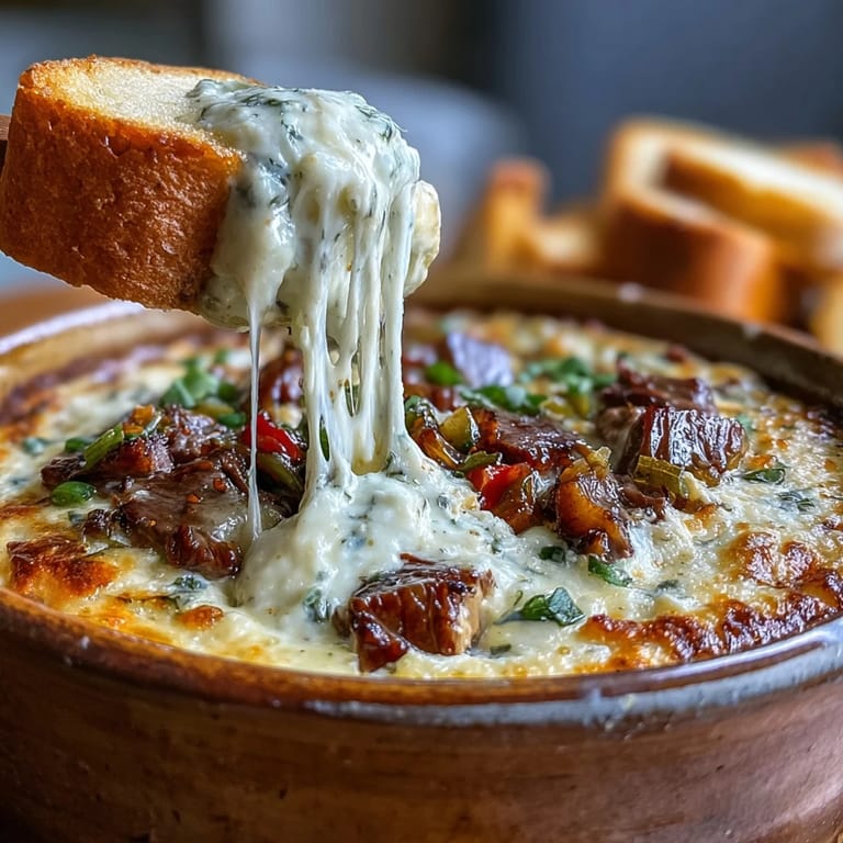 Game day Philly Cheesesteak Dip in a baking dish, ready to serve with crunchy tortilla chips.