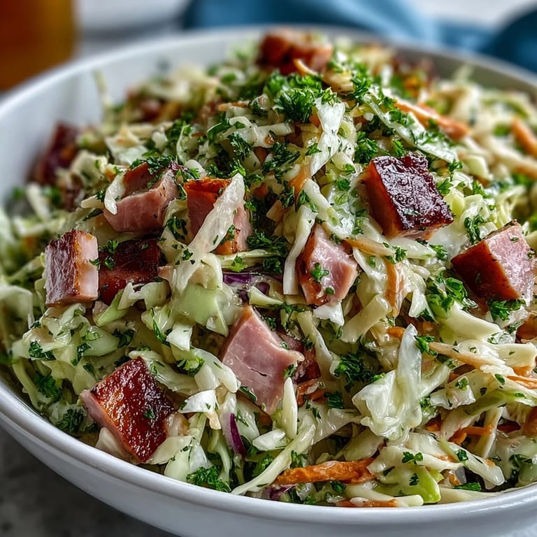 A close-up of German Cabbage Coleslaw With Shredded Ham highlighting crunchy vegetables and tender meat, ready to serve alongside grilled sausages or schnitzel.