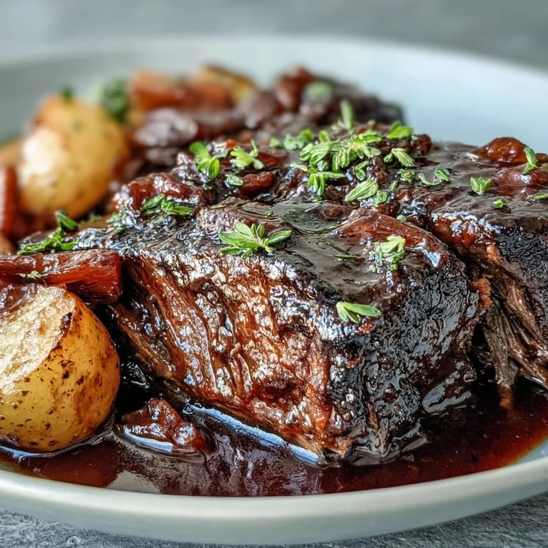 Hearty Beef Pot Roast plated over buttered egg noodles, with glazed carrots and celery, ready for a comforting family dinner.