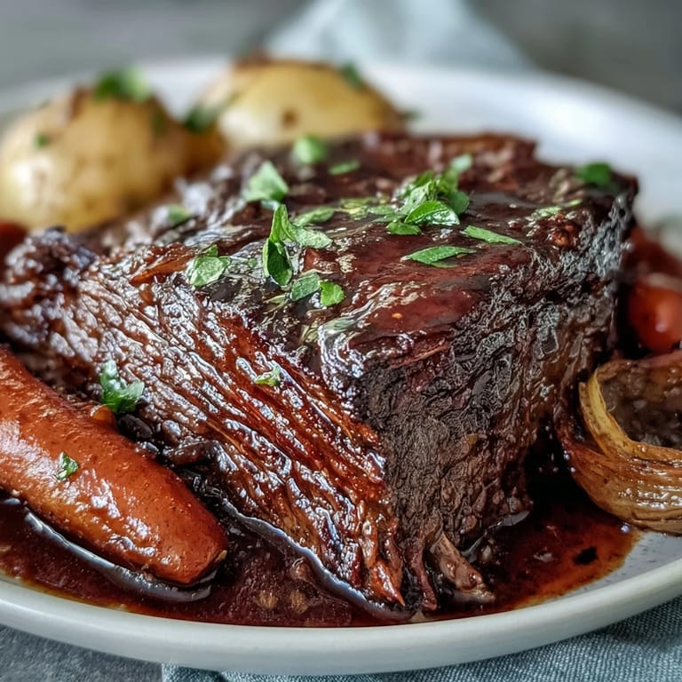 Succulent Beef Pot Roast with tender carrots and potatoes in a rich, savory broth, served steaming in a Dutch oven.
