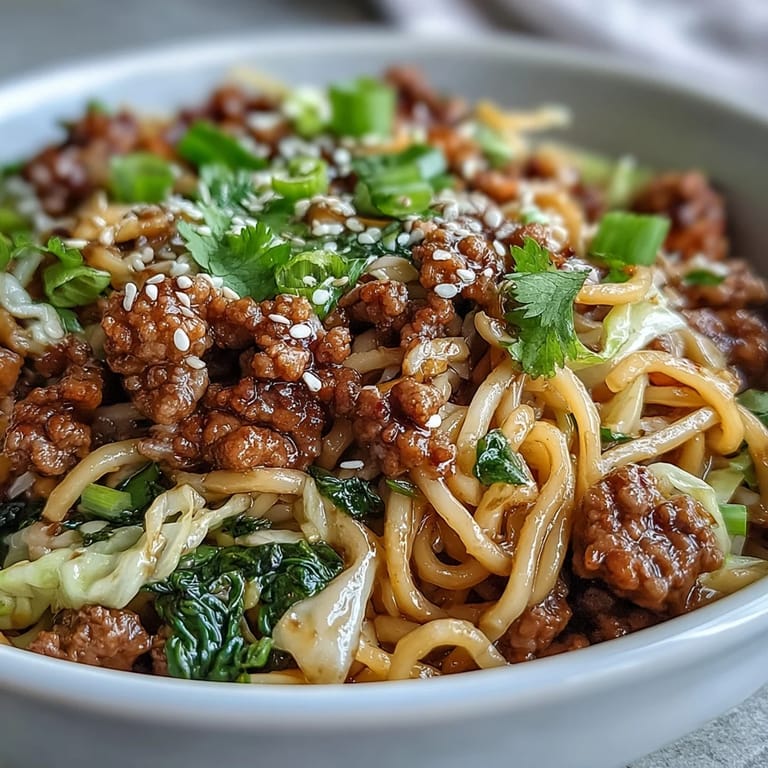 A hearty serving of Potsticker Noodle Bowls garnished with sesame seeds and green onions.