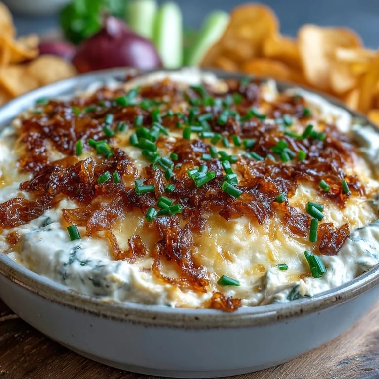 Homemade Smoked Gouda & Onion Dip with caramelized onions is garnished with chives, perfect for game day snacking.