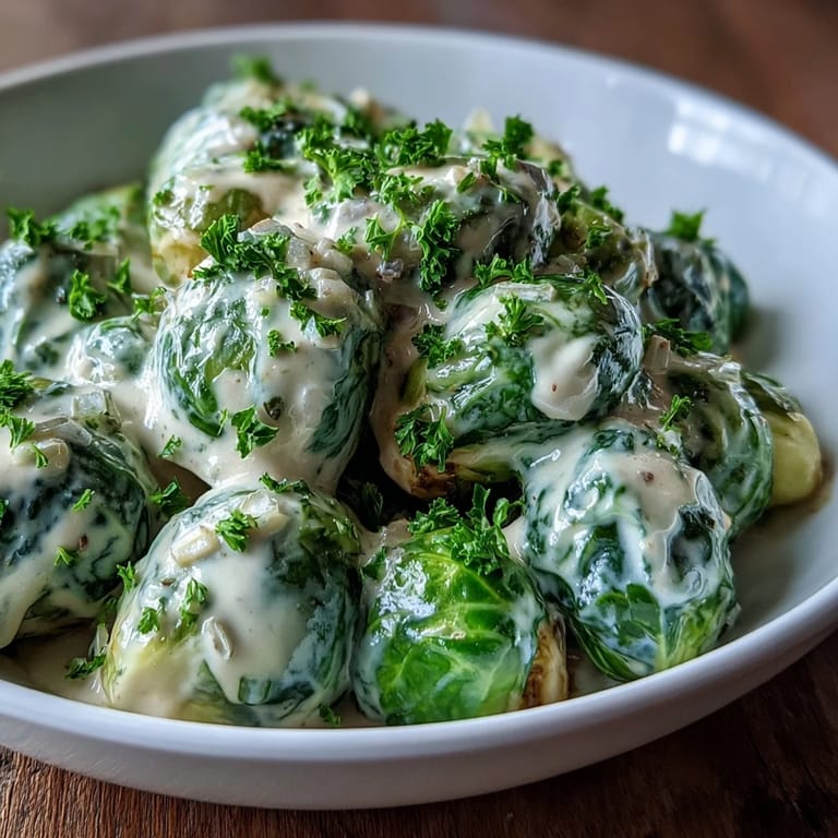 Tender Brussels sprouts tossed in a velvety cream cheese mustard sauce with onion and garlic, presented in a white ceramic serving bowl.