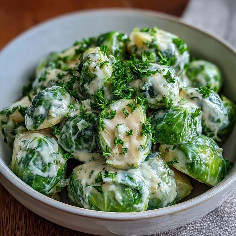 Roasted Brussels sprouts in a rich cream cheese mustard sauce, steaming hot and ready to accompany roasted chicken or beef for dinner.