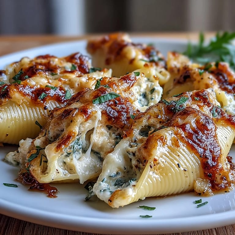 Pumpkin & Gouda Stuffed Shells with creamy filling and crispy fried sage garnish on top, ready for a cozy fall dinner.