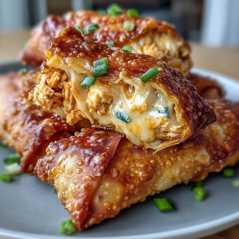 Air-fried Buffalo Chicken Dip Egg Rolls are cut open to reveal the gooey, spicy chicken and melty cheddar filling inside.