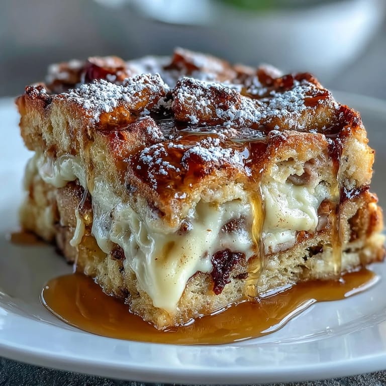 Savory layers of Monte Cristo Breakfast Casserole featuring ham, turkey, and melted Swiss cheese, ready to serve.