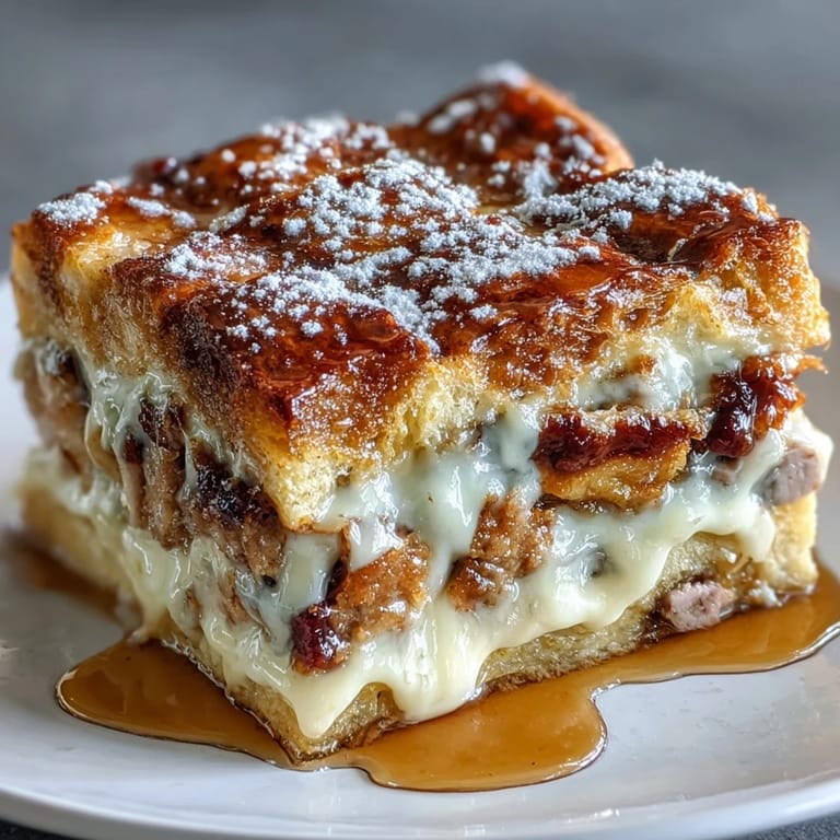 Homemade Monte Cristo Breakfast Casserole baked in a 9x13 dish, showcasing fluffy texture and cinnamon-soaked bread.