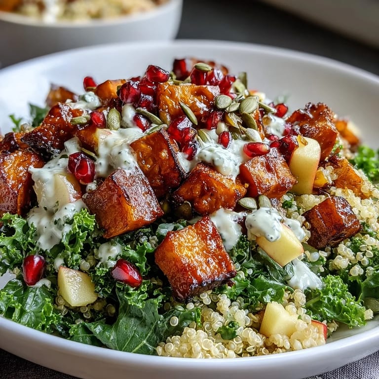 Golden roasted sweet potatoes and fluffy quinoa fill this Kale Harvest Grain Bowl, garnished with pepitas and fresh apple.
