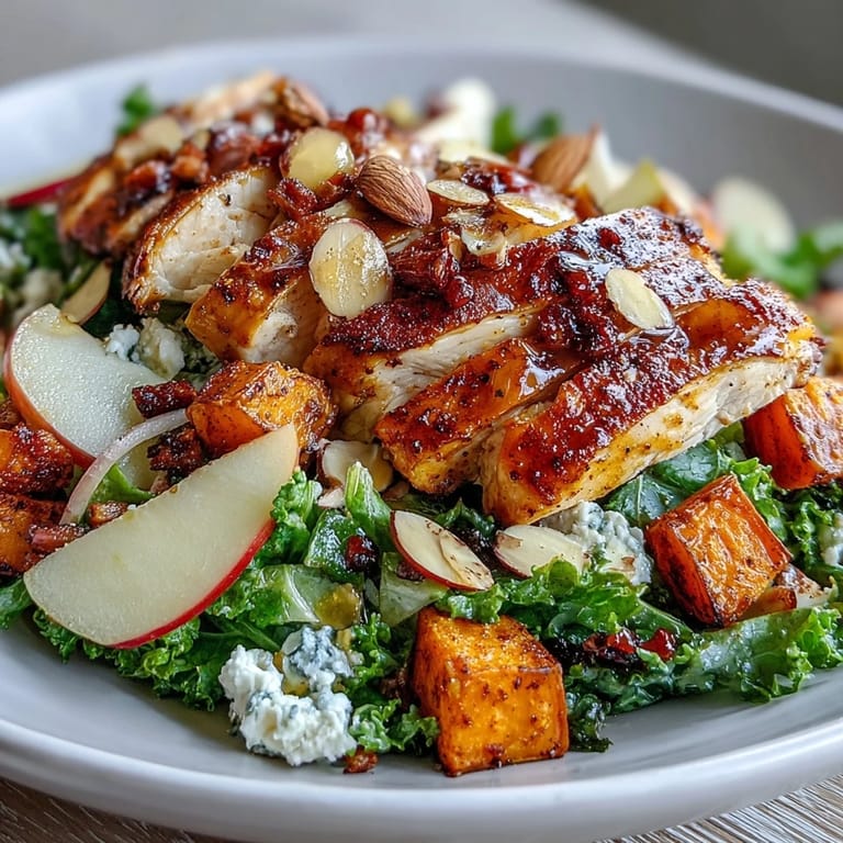 Sliced roasted chicken and crumbled goat cheese rest on tender sweet potatoes and kale in this freshly tossed Fall Sweet Potato Harvest Bowl.