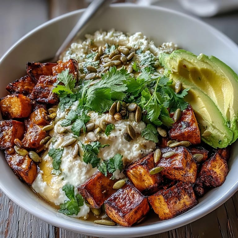 A close-up of the Hot Honey Sweet Potato Bowl, featuring golden spiced potatoes, sliced avocado, and a glossy hot honey drizzle.