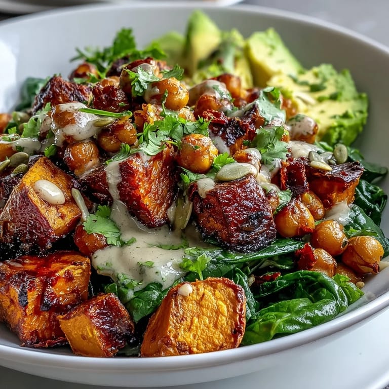 A hearty, wholesome Roasted Sweet Potato and Chickpea Bowl topped with avocado slices and drizzled in smoky chipotle tahini sauce.