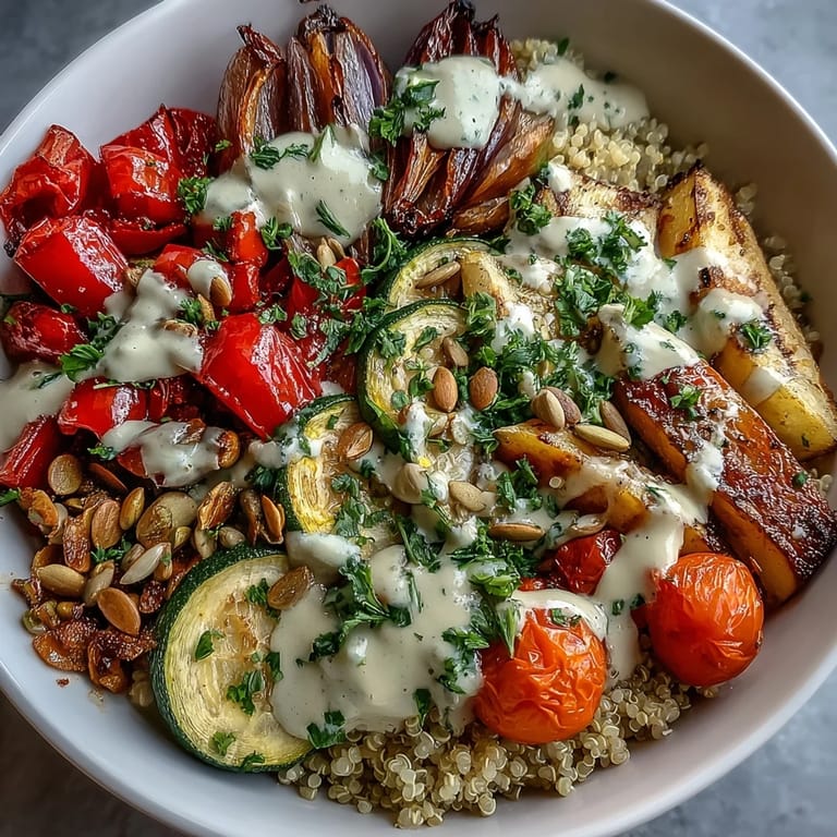 Healthy vegan Roasted Vegetable Quinoa Bowl with sheet pan veggies and toasted pumpkin seeds, perfect for an easy dinner.