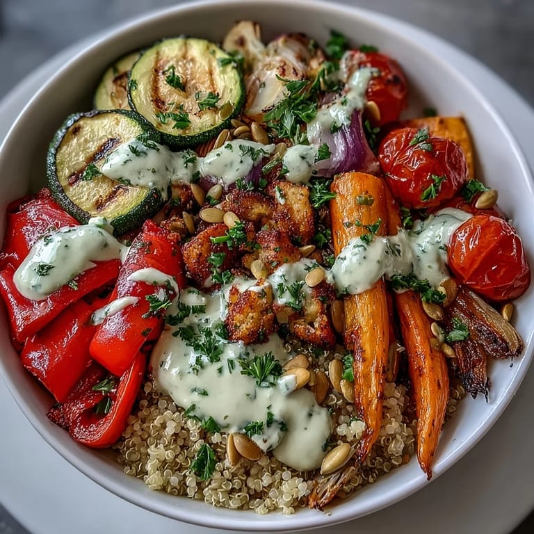 Vibrant Mediterranean-inspired Roasted Vegetable Quinoa Bowl with zucchini, bell peppers, and drizzled tahini sauce ready to serve.