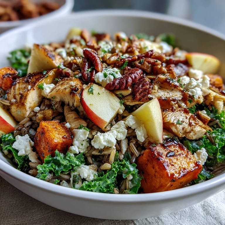 Close-up of a colorful Harvest Bowl with juicy sliced chicken, sweet roasted sweet potatoes, crisp apples, creamy goat cheese, and crunchy almonds atop wholesome kale.