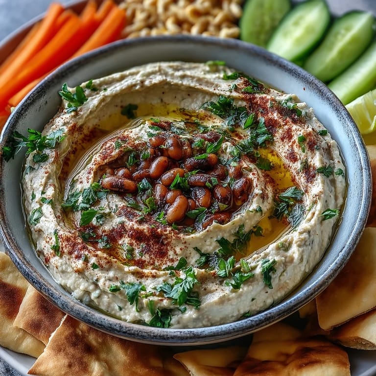 A rustic bowl of black-eyed pea hummus topped with olive oil, smoked paprika, and chopped parsley served with pita chips.