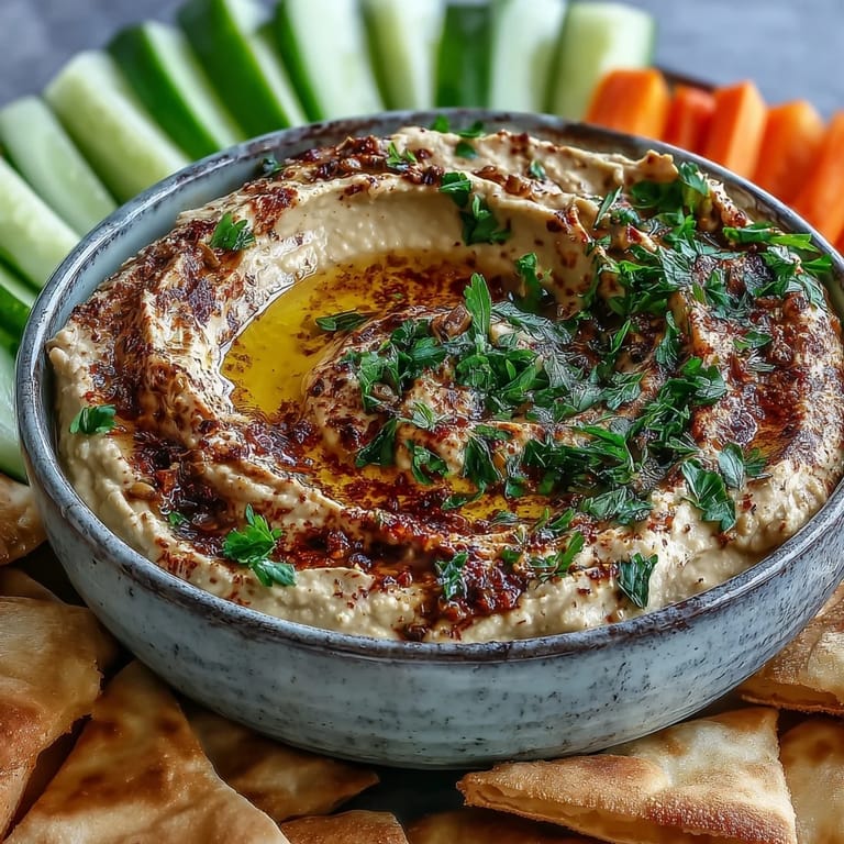 Close-up of luscious black-eyed pea hummus garnished with olive oil, sumac, and parsley beside crunchy cucumber slices for dipping.