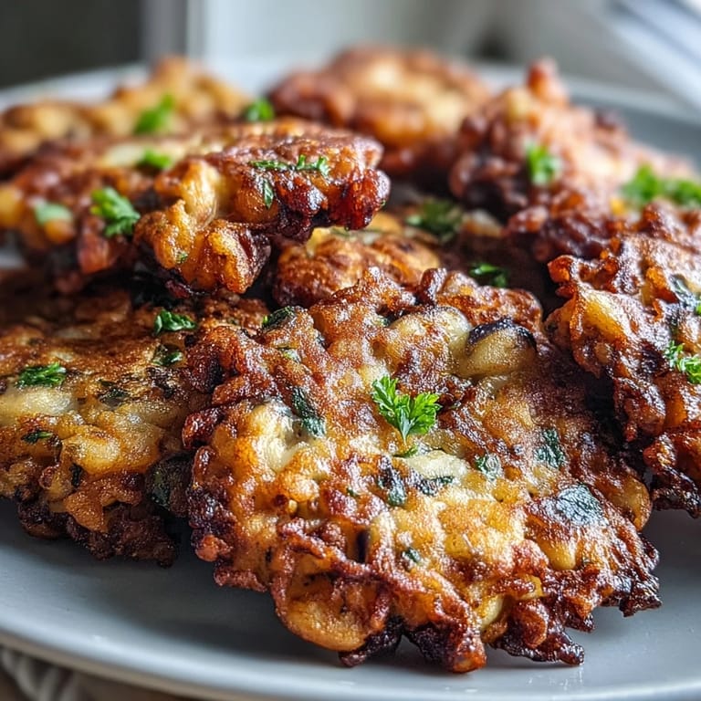 Close-up of seasoned Black-Eyed Pea Fritters, golden-brown and sizzling, arranged on a white plate with fresh herbs.