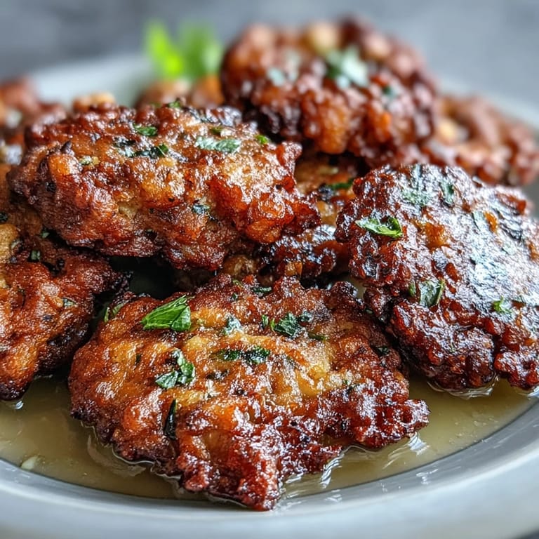 A hand dips a crispy Black-Eyed Pea Fritter into spicy yogurt sauce, alongside extra fritters and a bowl of dip.