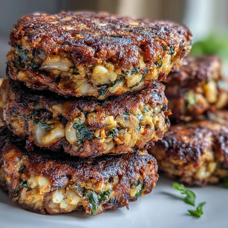 A crispy pan-fried Black-Eyed Pea Burger Patty shows a golden-brown crust and savory, spiced interior in a hot skillet.