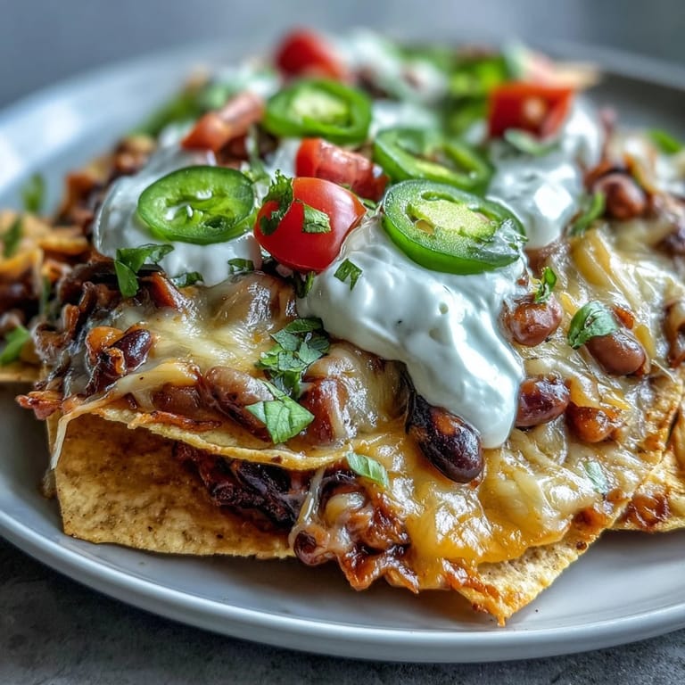 Tangy sour cream and fresh cilantro garnish these hot Black-Eyed Pea Nachos, perfect for a casual game day spread.