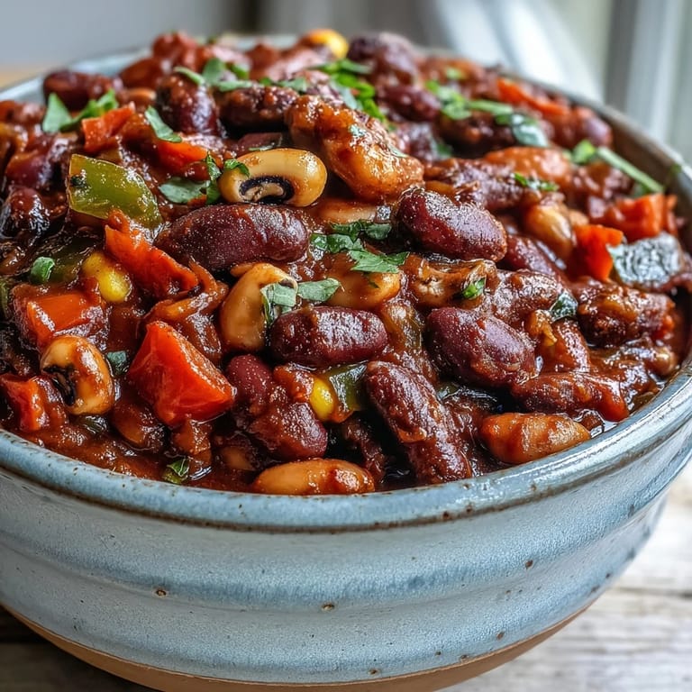 A comforting bowl of Black-Eyed Pea Chili topped with sour cream and fresh cilantro, served alongside warm cornbread on a rustic table.
