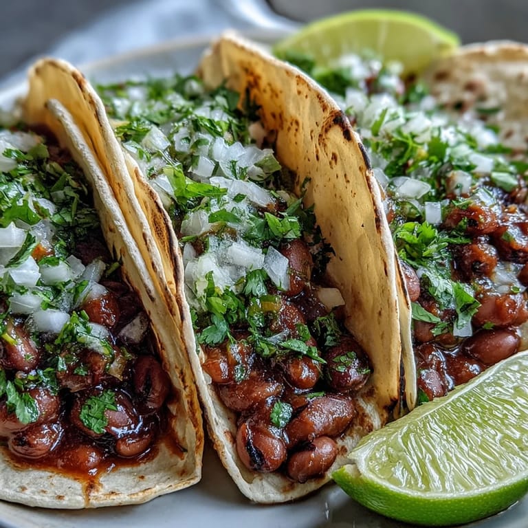 Warm corn tortillas cradle spiced mashed black-eyed peas, topped with vibrant red salsa and fresh cilantro for a hearty vegetarian meal.