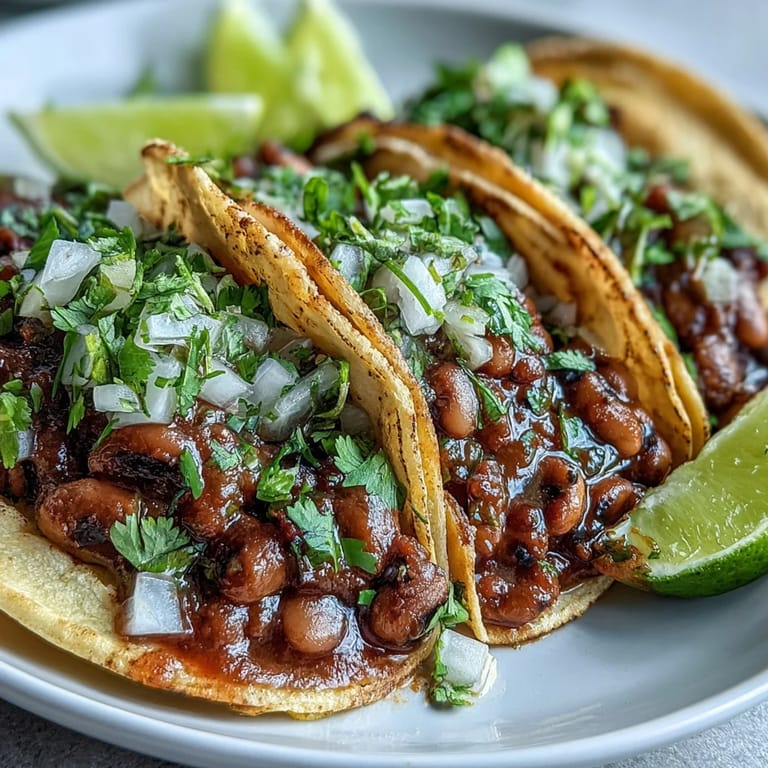 Golden toasted tortillas hold a hearty mash of seasoned black-eyed peas, garnished with fresh cilantro, diced onion, and salsa.