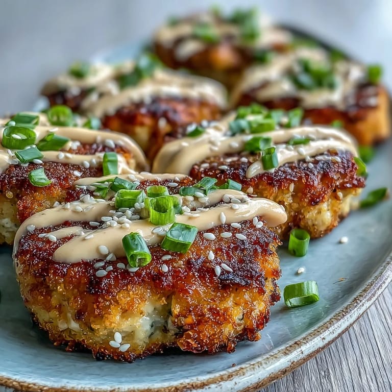 Close-up of golden Asian-Style Tuna Cakes garnished with sesame seeds and green onions, served next to zesty spicy mayo.