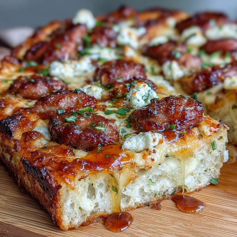 Slice of Hot Sausage Feta Honey Pizza being lifted, revealing melted mozzarella and a sweet, sticky drizzle of hot honey.