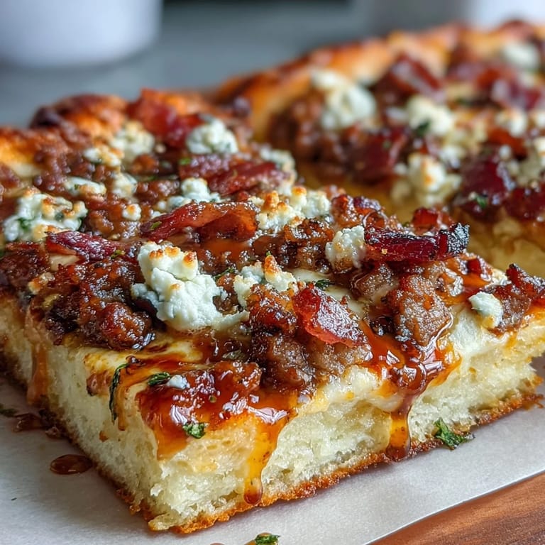 Hot Sausage Feta Honey Pizza on a wooden board, garnished with red pepper flakes and ready to serve for dinner.