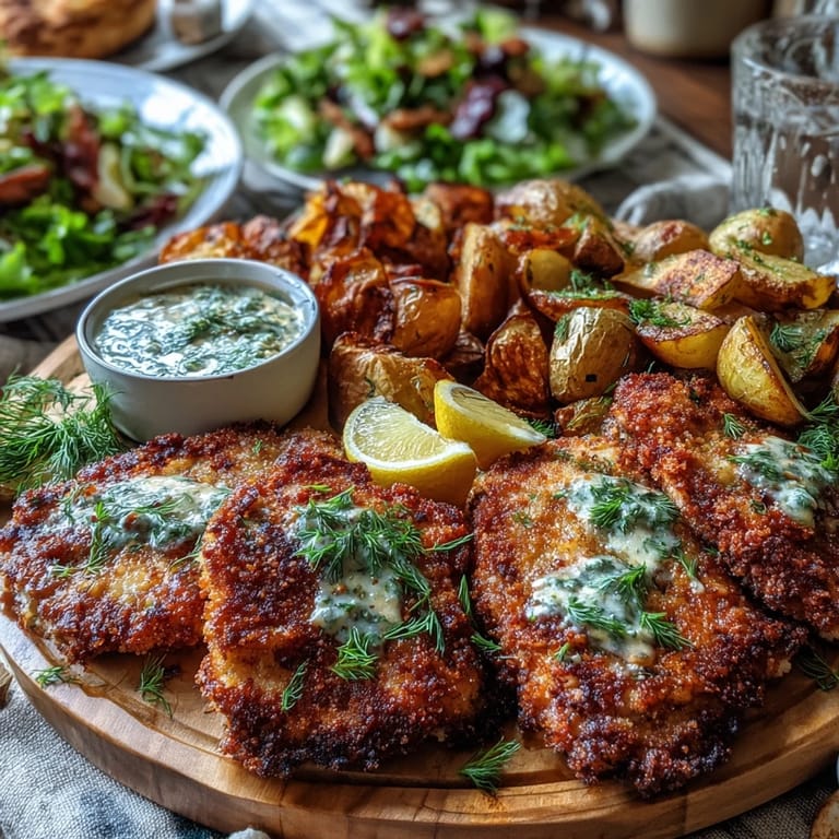 Crispy gluten-coated chicken breasts topped with fresh parsley and lemon slices, served with the bright butter sauce.