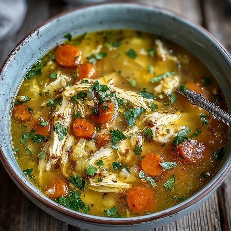 Creamy Anti-Inflammatory Turmeric Chicken Soup ladled into a rustic bowl, showcasing vibrant orange hue from turmeric and wilted spinach leaves.